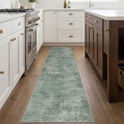 IOHOUZE Abstract Runner Rug 2x8 Ft Washable Runners for Hallways, Non Slip Kitchen Runner Printed Faux Wool Entryway Runner Indoor, Modern Abstract Floor Carpet for Hall Kitchen Bedroom, Sage Green