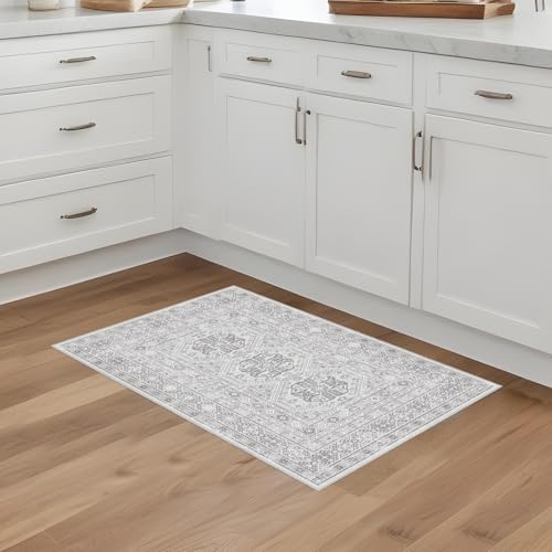2x3 Area Rug Washable Vintage: Non Slip Throw Rugs for Entryway Floor Grey