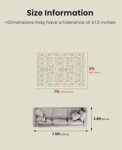 Amada Floral Washable Area Rug,5'x7',Light Beige