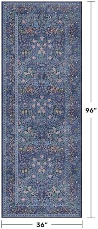 Dark Blue 3x8 Wide Hallway Runner Rugs Indoor Non Slip, 8ft Oriental Washable Rug for Kitchen, Entrance Indoor, Vintage Floral Design Low Pile & Soft Stain Resistant Carpet