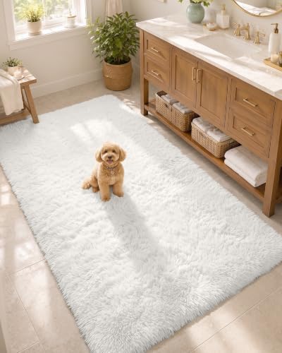 OLANLY 3x6 Machine Washable Runner Rugs for Hallway, Soft Fluffy Shaggy Bedside Rugs for Bedroom, Living Room, Indoor Floor Carpet for Kids Girls and Boys, Nursery Rooms, Home Decor Aesthetic, White