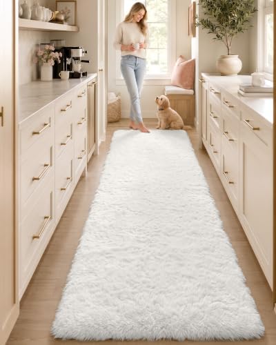 OLANLY 2x8 Machine Washable Runner Rugs for Hallway, Soft Fluffy Shaggy Bedside Rugs for Bedroom, Living Room, Indoor Floor Carpet for Kids Girls and Boys, Nursery Rooms, Home Decor Aesthetic, White