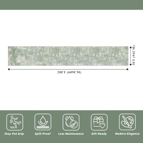 3x20 ft Extra Long Hallway Runner Rug - Non-Slip Washable Floor Runner with Rubber Backing, Modern Low Pile Thin Wide Carpet for Entryway, Kitchen, Living Room（Sage Green, 3x20）