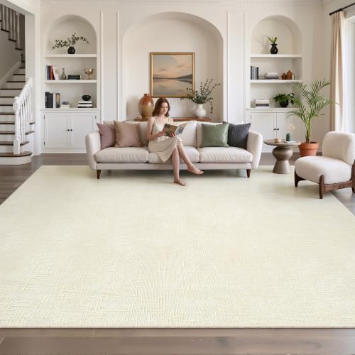 Valenrug 8x10 Area Rugs for Living Room, High-Low Pile Washable Rug, Ivory
