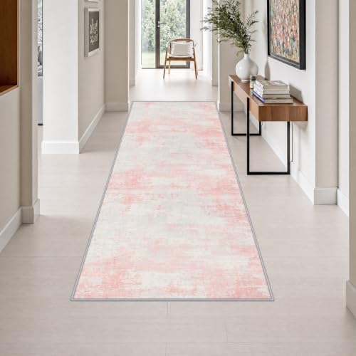 3x8 Washable Runner Rug：Modern Abstract Soft Carpet Pink White