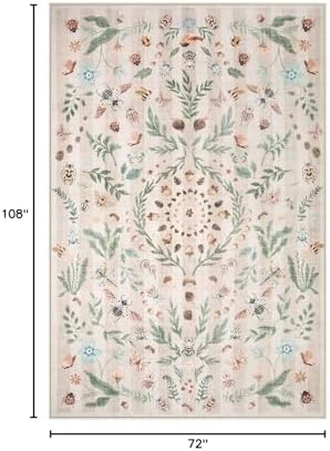 Lahome Washable Insect Botanical 6x9 Area Rugs for Nursery - Machine Washable Non-Slip Beige Bedroom Rug, Boho Low Profile Soft Faux Wool Carpet for Living Room Laundry Playroom Dining Room