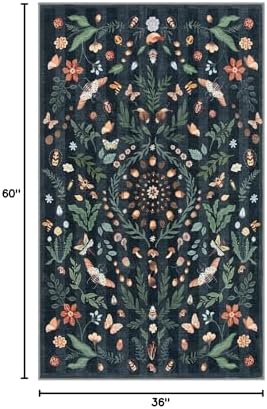 Lahome Washable Insect Botanical 3x5 Area Rugs for Entryway - Machine Washable Non-Slip Kitchen Rugs, Black Boho Low Profile Soft Faux Wool Indoor Door Mat for Bedroom, Bedside, Bathroom, Laundry