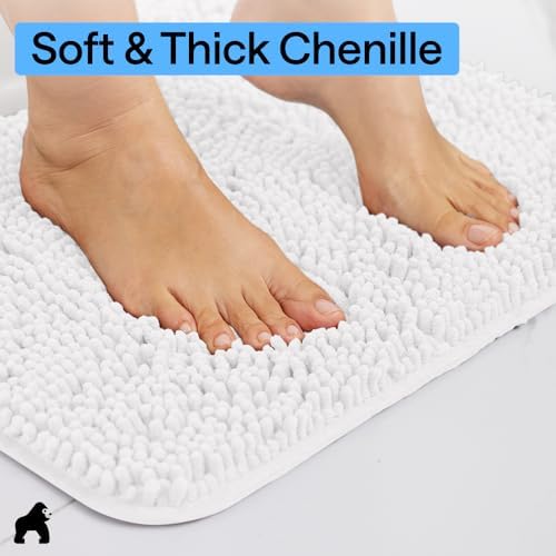 GORILLA GRIP Bath Rug Mat for Bathroom, Absorbent Chenille, 42x24 White
