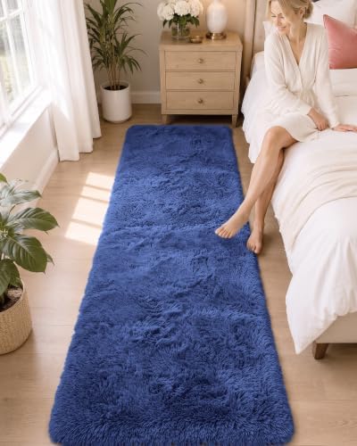 OLANLY 2x4 Machine Washable Runner Rugs for Hallway, Soft Fluffy Shaggy Bedside Rugs for Bedroom, Living Room, Indoor Floor Carpet for Kids Girls Boys, Nursery Rooms, Home Decor Aesthetic, Navy Blue