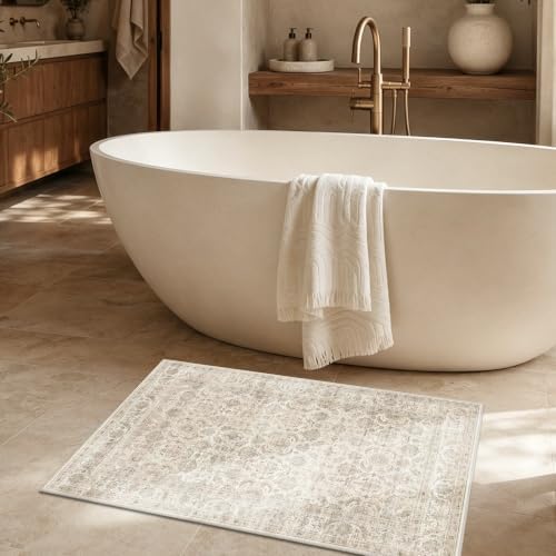 JOOJA 9x12 Beige Vintage Floral Low Pile Non Slip Washable Neutral Area Rug