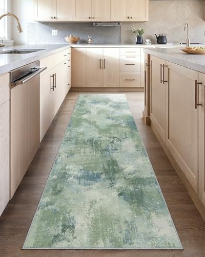 Amada 2'6"x10' Modern Abstract Washable Area Rug for Entryway Green