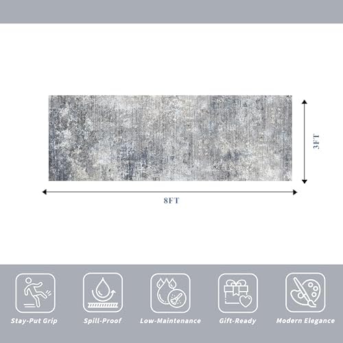 3x8 Washable Hallway Runner – Non-Slip Abstract Modern Neutral Wide Carpet Runner for Kitchen Floor, Entryway, Bedroom, Living Room – Soft Low-Pile Thin Rubber Backing（Blue Gray,3x8）