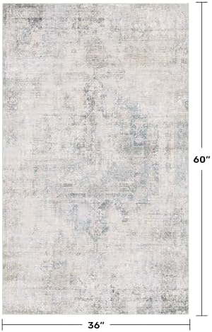 Washable Light Blue Rugs for Entryway Indoor - 3x5 Throw Rug for Large Kitchen, Bedroom Bedside, Bathroom, Mudroom, Modern Abstract Medallion Aqua Décor, Non Slip Low Pile, Distressed Design