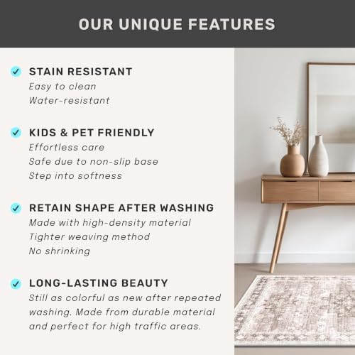 Hazo Haus Beige Boho 2'6"x14' Extra Long Runner Rug for Hallway, Washable Large Kitchen Floor Rug, Non-Slip Stain & Fade Resistant, Vintage Charming Geometric Floral Décor