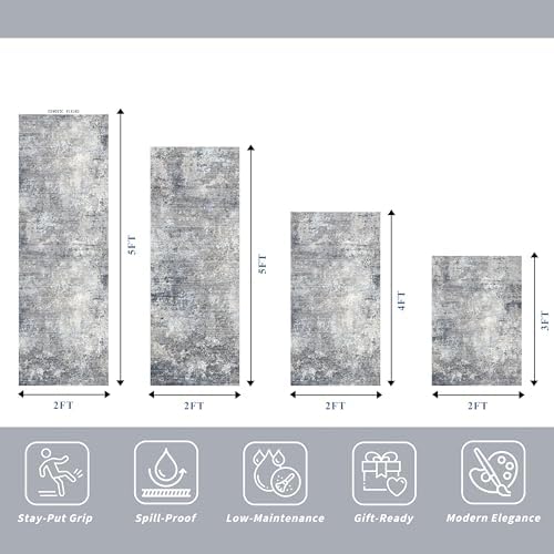 Kitchen Rug Set 4-Piece with Runner – Washable Non-Slip Floor Mats for Sink,Entryway,Hallway,Bathroom – Modern Abstract Neutral Soft Throw Rugs(Blue Grey,2x3+2x4+2x5+2x6)