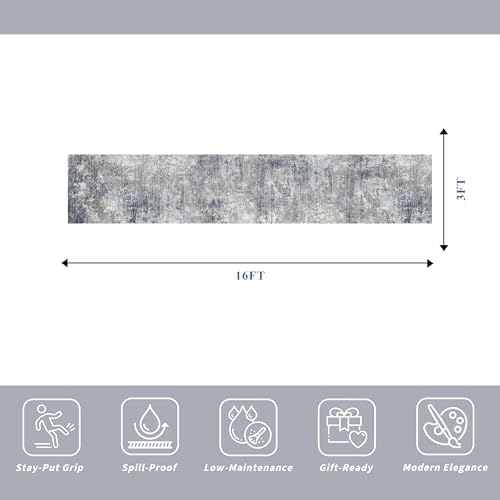 3x16 ft Runner Rug for Hallway - Hall Runners 16 feet Long Non Slip Washable Large Carpet Runner for Kitchen Floor, Entryway, Bedroom, Living Room Abstract Modern Neutral Low-Pile Thin (Blue Grey)