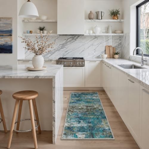 BEIMO 2x7 Faded Teal Abstract Runner Rug, Washable Non-Slip for Hallway