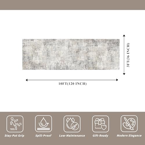 3x10 ft Long Hallway Runner Rug – Non-Slip Washable Kitchen Floor Rug with Rubber Backing, Modern Low Pile Thin Wide Carpet Runners for Bedroom, Entryway Indoor（Gray Beige,3x10）