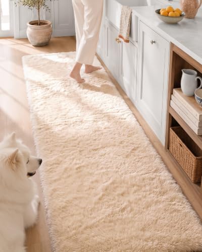 OLANLY 2x7 Machine Washable Runner Rugs for Hallway, Soft Fluffy Shaggy Bedside Rugs for Bedroom, Living Room, Indoor Floor Carpet for Kids Girls and Boys, Nursery Rooms, Home Decor Aesthetic, Beige