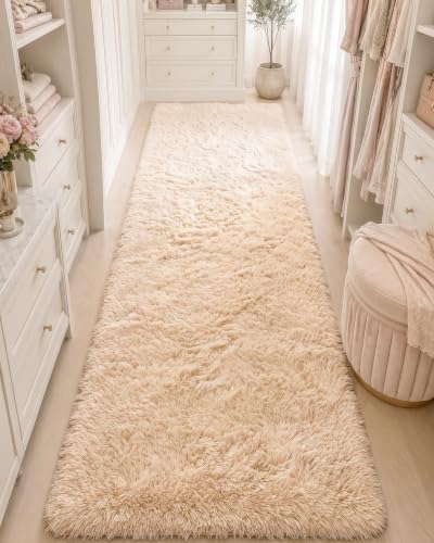 OLANLY 3x8 Machine Washable Runner Rugs for Hallway, Soft Fluffy Shaggy Bedside Rugs for Bedroom, Living Room, Indoor Floor Carpet for Kids Girls and Boys, Nursery Rooms, Home Decor Aesthetic, Beige
