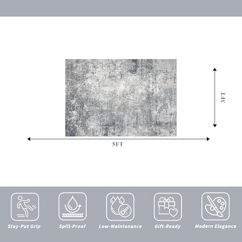 3x5 Washable Entryway Rug – Non-Slip Rubber Backed Small Area Rug for Kitchen, Bedroom, Living Room, Office – Soft Low-Pile Thin Modern Abstract Neutral Throw Rug （Blue Gray,3x5）