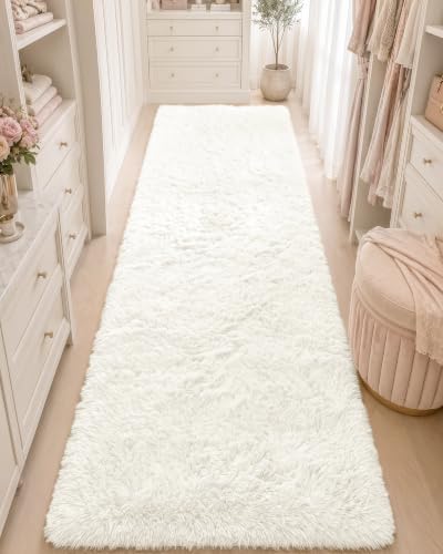OLANLY 3x7 Machine Washable Runner Rugs for Hallway, Soft Fluffy Shaggy Bedside Rugs for Bedroom, Living Room, Indoor Floor Carpet for Kids Girls and Boys, Nursery Rooms, Home Decor Aesthetic, Ivory