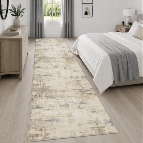 3x14 Washable Runner Rug：Modern Abstract Soft Carpet Beige Brown