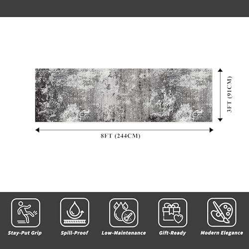 3x8 Washable Hallway Runner Non-Slip Abstract Modern Neutral Wide Carpet Runner for Kitchen Floor, Entryway, Bedroom, Living Room Soft Low-Pile Thin Rubber Backing (Black Grey, 3x8)