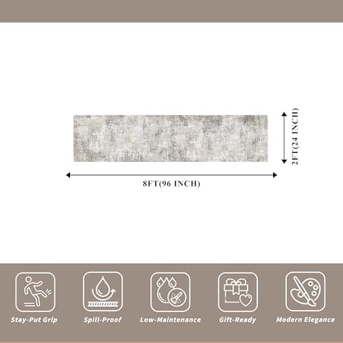 2x8 Washable Hallway Runner Rug – Non-Slip Modern Abstract Neutral Low-Pile Stain-Resistant Carpet Runner for Kitchen Entryway Bedroom Bathroom (Gray Beige,2x8)