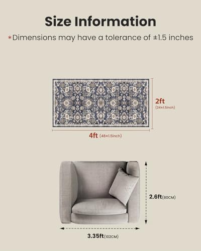 Amada Small 2x4 Washable Area Rug for Entryway, Blue/Brown, Vintage Pattern