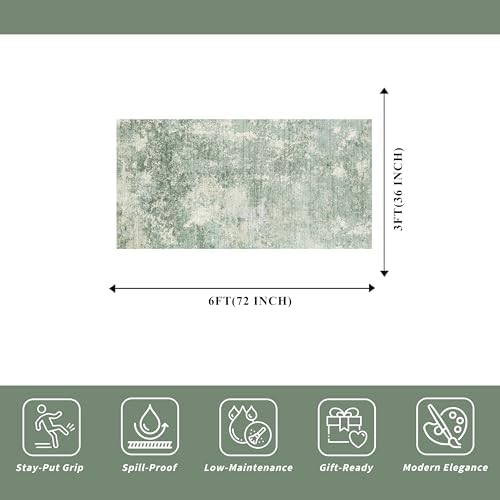 Washable Kitchen Runner Rug 3x6 - Non Slip Stain Resistant Low-Pile Thin Wide Carpet Runners for Entryway Hallway Bathroom Bedside, Modern Neutral Abstract, Sage Green, 3x6
