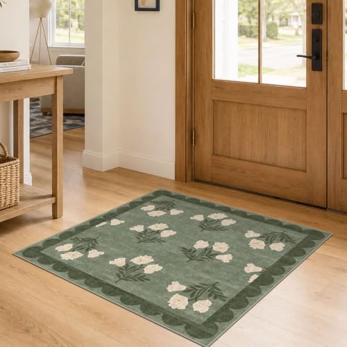 3x3 Square Entryway Rug - Non-Slip Washable Front Door Mat Indoor Outside Entrance Small Porch Rug Sage Green Cottage Scalloped Throw Rugs for Entryway Kitchen Bedroom Office Front Porch Decor
