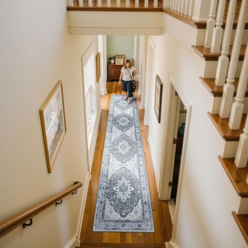 RELEANY Washable Area Rug, Runner 2'6"x14', Grey/White/Beige
