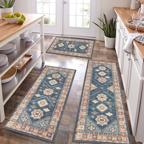 HEBE Boho Kitchen Rugs Set of 3, Non Slip Washable Kitchen Mats for Floor