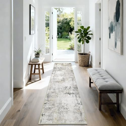 Modern Abstract Washable Runner Rugs - 2x8 Soft Long Rug Stain Resistant Non Slip Low Pile Accent Carpet for Indoor Entryway Hallway Kitchen Laundry - Charcoal Grey