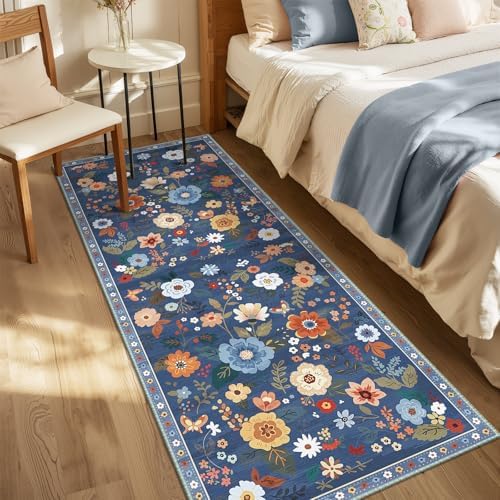 Floral Washable 2x10 Area Rugs Runner Entryway Hallway Blue/Grey