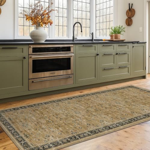Washable 2x6 Entryway Runner Rug, Boho Kitchen Floor Mat for Indoor Entrance and Bathroom, Vintage Rustic Brown and Charcoal Olive Decor, Non-Slip Stain Resistant Low-Pile Throw Rug