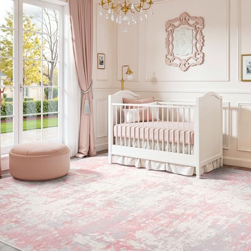 Rugflix 5x7 Area Rugs for Bedroom, Washable Pink Large Rug