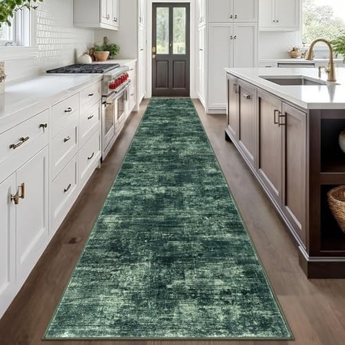 IOHOUZE Abstract Runner Rug 3x20 Ft Extra Long Washable Runners for Hallways, Non Slip Kitchen Runner Printed Faux Wool Entryway Runner Indoor, Modern Abstract Floor Carpet for Hall Stair, Dark Green