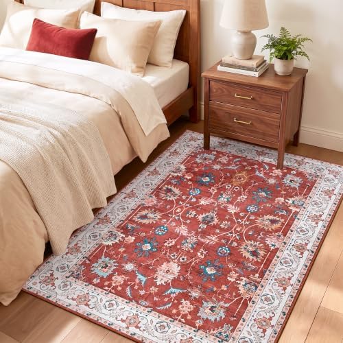 Hanples 3x5 Washable Rugs for Entryway, Vintage Floral Door Mat, Red