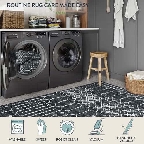 Lahome Moroccan Black Area Rugs 6x9 Living Room - Non-Slip Backing Ultra-Thin Large Throw Stain Resistant Dining Room Rugs for Under Table, Geometric Print Modren Soft Carpet for Bedroom Office Hana