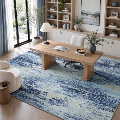 9x12 Area Rug for Living Room, Abstract Washable Non-Slip Rugs,Mist Blue