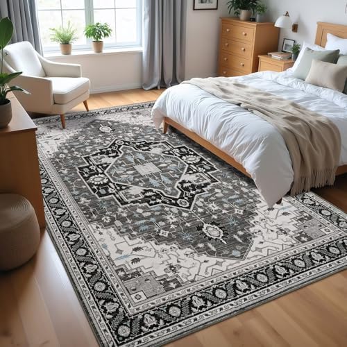 Macgace Washable Vintage Area Rug for Living Room, 6x9 Rugs Black Grey