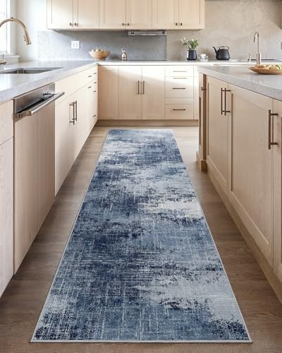 Amada 2'6"x8' Modern Abstract Washable Area Rug for Entryway Dark Blue
