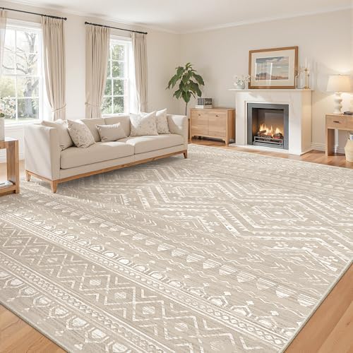 Miukiki 9x12 Area Rug for Living Room, Washable Non Slip Moroccan Rug Brown