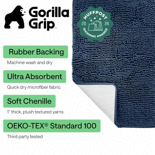GORILLA GRIP Bath Rug Mat for Bathroom, Absorbent Chenille, 30x20 Navy Blue