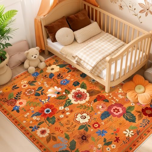 RELEANY Floral Washable 8x10 Area Rugs BurntOrange