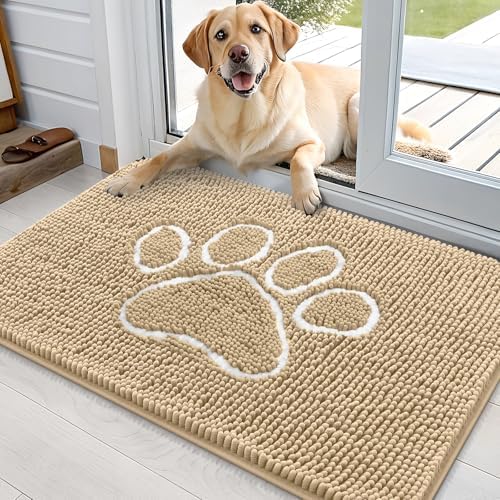 OLANLY Dog Door Mat for Muddy Paws 35x24, Paw Print Design Chenille Mud Mat