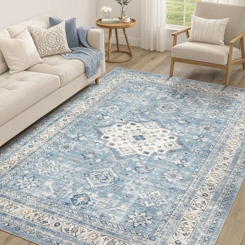 cotiled 5x7 Area Rug for Living Room, Washable, Traditional, Blue