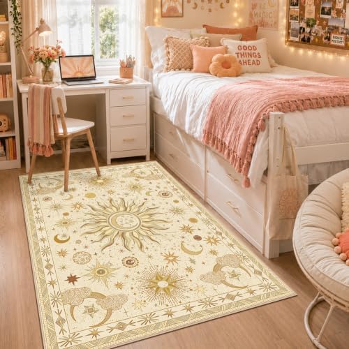 Vacuum-Friendly, 4x6 Washable Area Rug, Beige Camel Brown